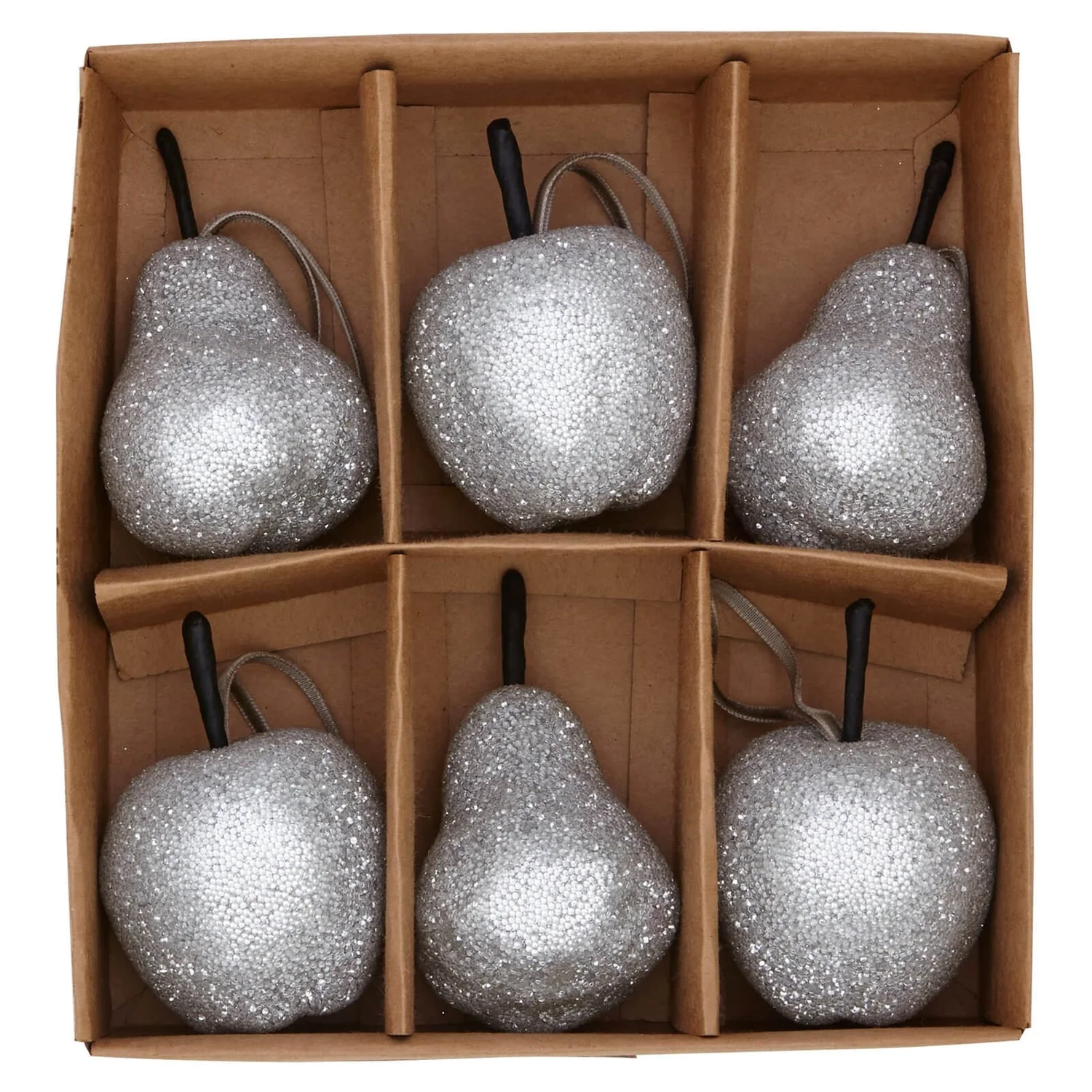 Silver Beaded Pears And Apples Christmas Tree Decorations - Pack Of 6 3 Silver Beaded Pears And Apples Christmas Tree Decorations - Pack Of 6