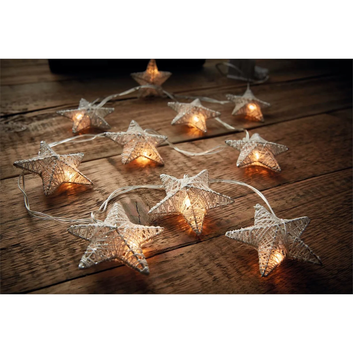 10 White Glitter Star Christmas String Lights (Battery Operated) 3 10 White Glitter Star Christmas String Lights (Battery Operated) - Image 2