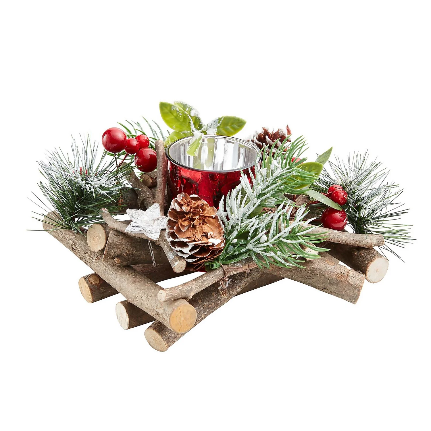 Red Berry & Willow Tabletop Christmas Candle Holder - 15cm 3 Red Berry & Willow Tabletop Christmas Candle Holder - 15cm